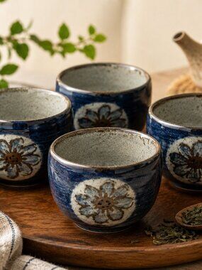 Vintage Japanese Yunomi Tea Cups Set 4 Cobalt Blue Stoneware Floral Handmade
